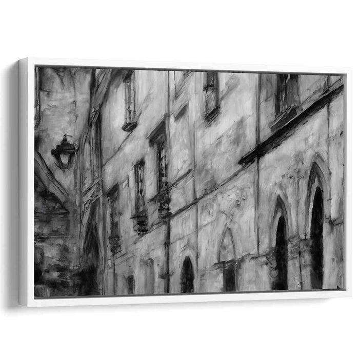 Pebble Path Serenity: Monochromatic European Street Scene Canvas Art Print