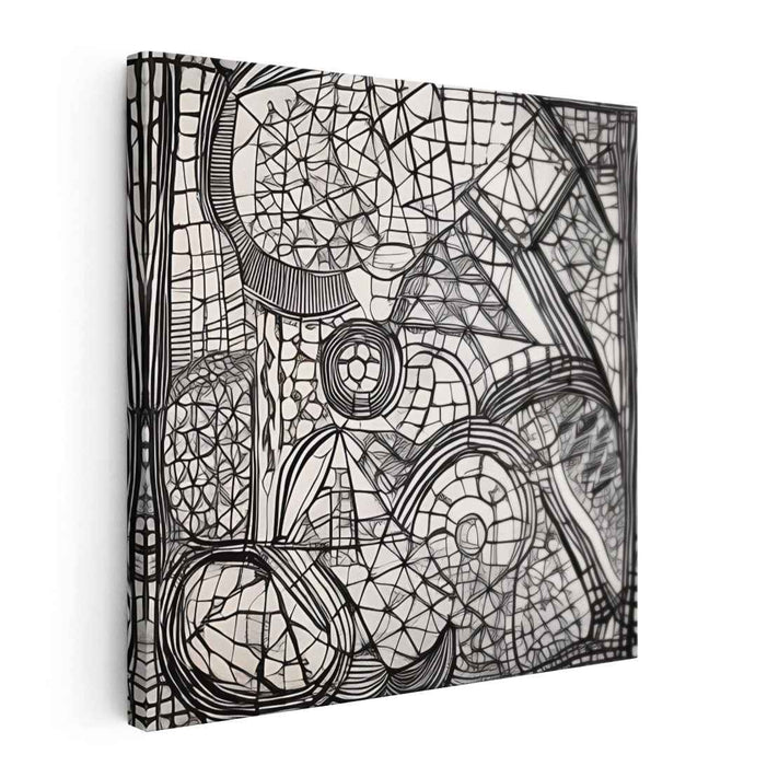 Intricate Geometric Maze: Monochromatic Op Art Canvas