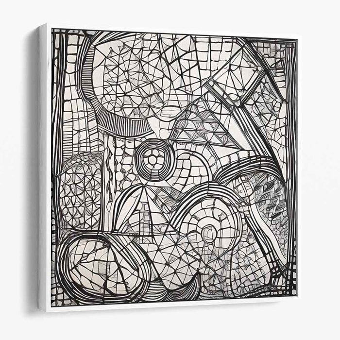 Intricate Geometric Maze: Monochromatic Op Art Canvas