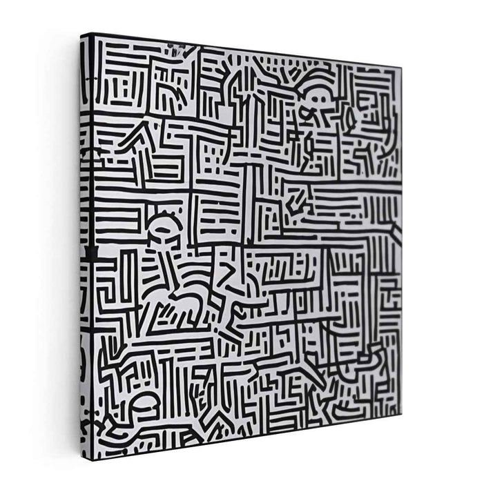 Labyrinthine Pathways: Black and White Abstract Expressionist Canvas Art