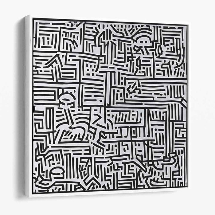 Labyrinthine Pathways: Black and White Abstract Expressionist Canvas Art