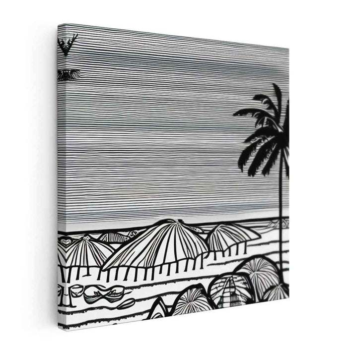 Monochrome Shoreline Study: Minimalist Black and White Beach Scene Canvas Art Print