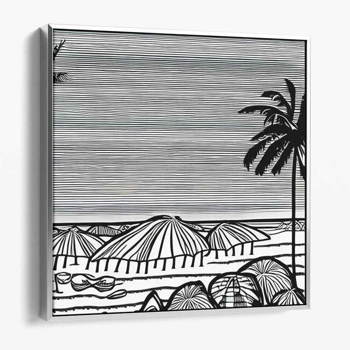 Monochrome Shoreline Study: Minimalist Black and White Beach Scene Canvas Art Print