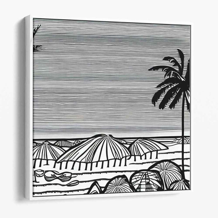 Monochrome Shoreline Study: Minimalist Black and White Beach Scene Canvas Art Print