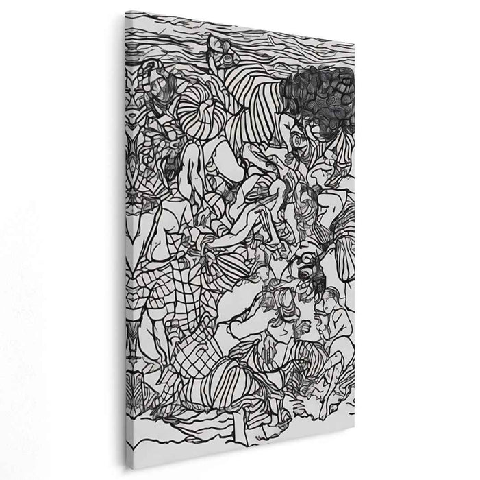 Intricate Chaos: Monochromatic Linework Human Tapestry Canvas Art Print