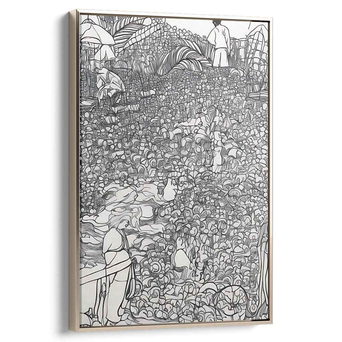 Intricate Garden: Monochrome Line Art of Figures in Nature