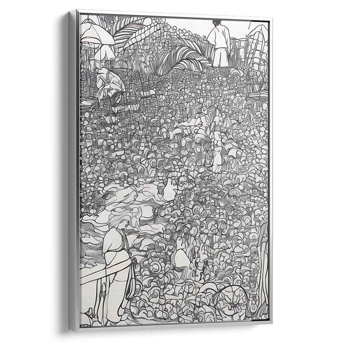 Intricate Garden: Monochrome Line Art of Figures in Nature