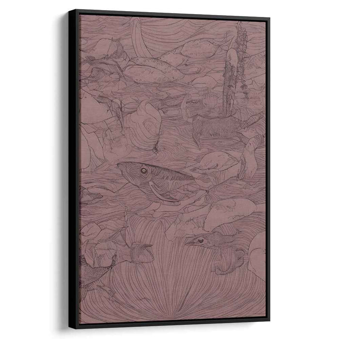 Oceanic Maroon Tapestry: Intricate Maroon Line Art Marine Life Canvas Print