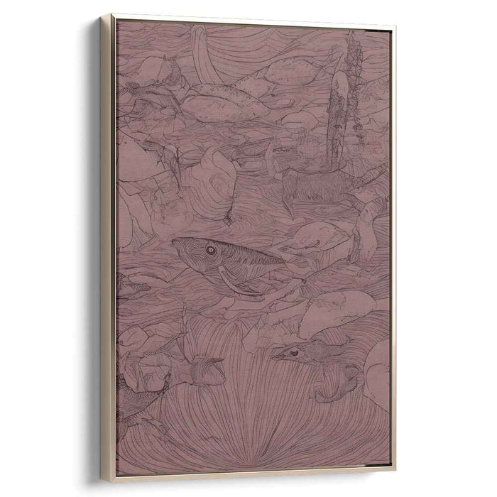 Oceanic Maroon Tapestry: Intricate Maroon Line Art Marine Life Canvas Print