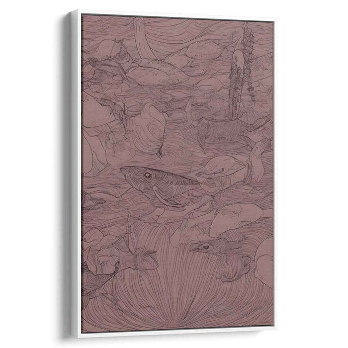 Oceanic Maroon Tapestry: Intricate Maroon Line Art Marine Life Canvas Print