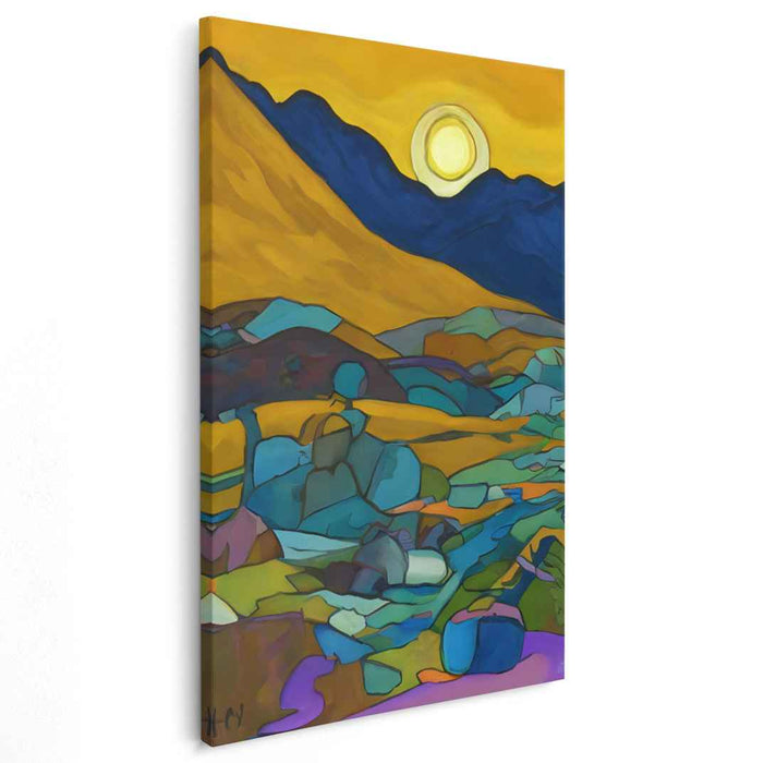 Whispers of Midnight Dreamscapes: Surreal Golden Moon Over Turquoise Fields Canvas Art