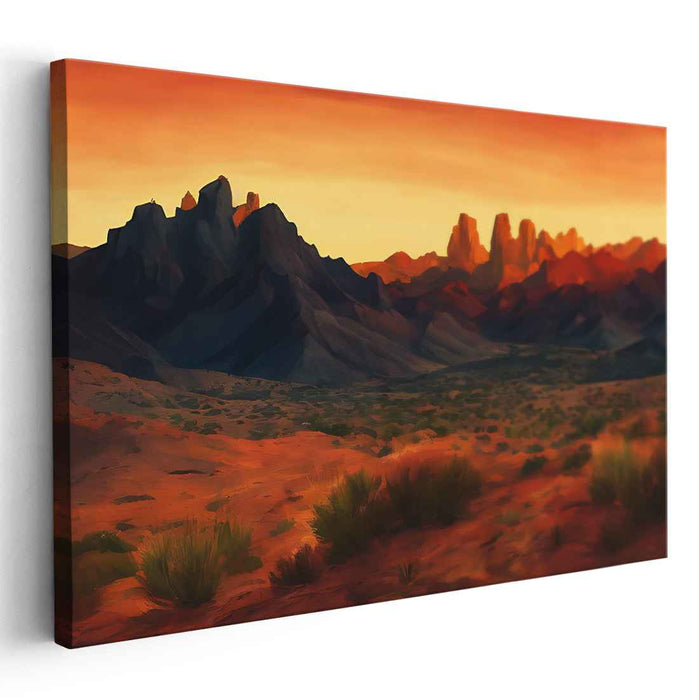 Dusk Descends on Jagged Horizons: Sunset Over Rugged Peaks Canvas Art Print