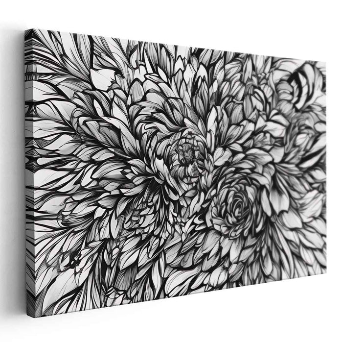 Intricate Floral Elegance: Monochromatic Line Art Canvas Print