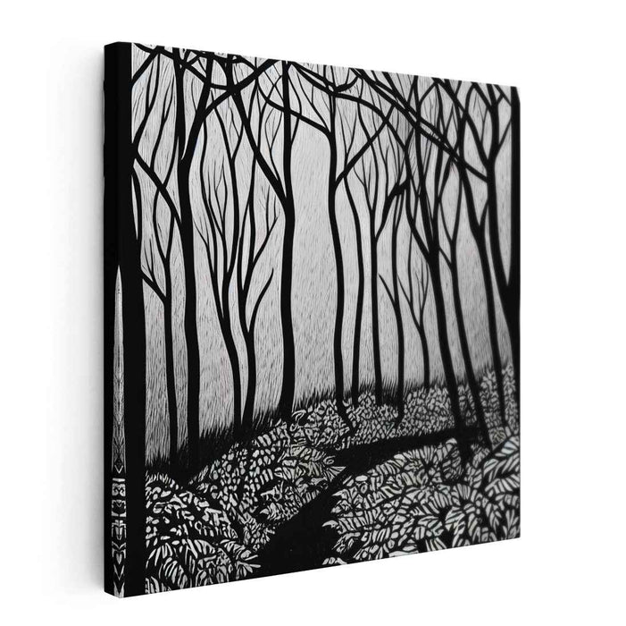 Silent Journey Through Shadows: Monochromatic Woodland Path Canvas Art Print