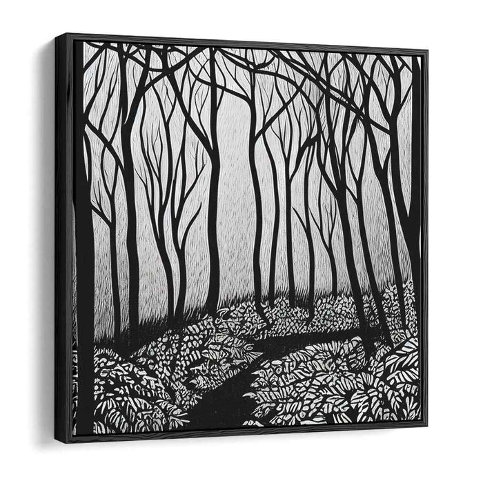 Silent Journey Through Shadows: Monochromatic Woodland Path Canvas Art Print