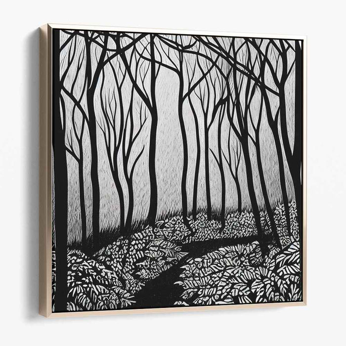 Silent Journey Through Shadows: Monochromatic Woodland Path Canvas Art Print