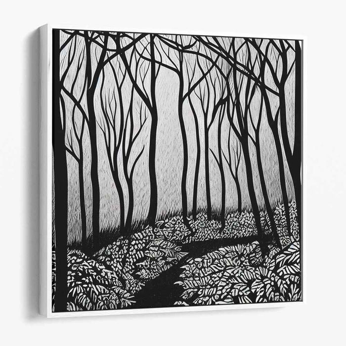 Silent Journey Through Shadows: Monochromatic Woodland Path Canvas Art Print