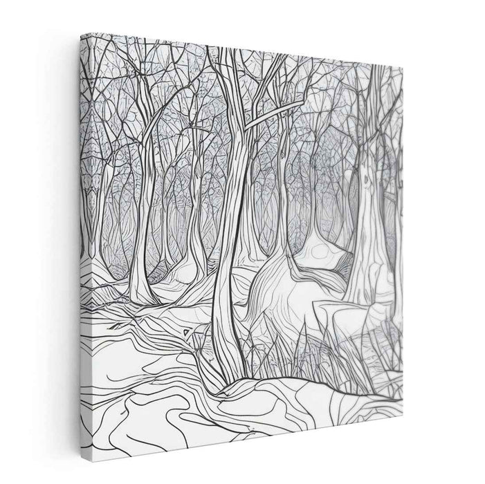 Intricate Winter Forest: Monochromatic Line Art Canvas Print