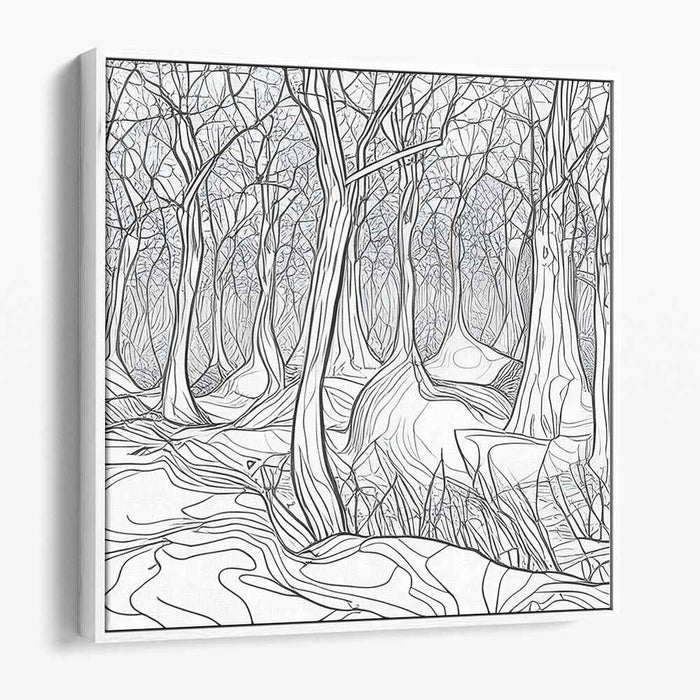 Intricate Winter Forest: Monochromatic Line Art Canvas Print