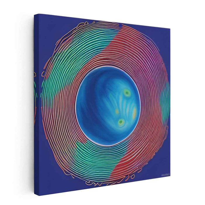 Oceanic Ripple Dance: Abstract Blue Sphere with Colorful Concentric Waves