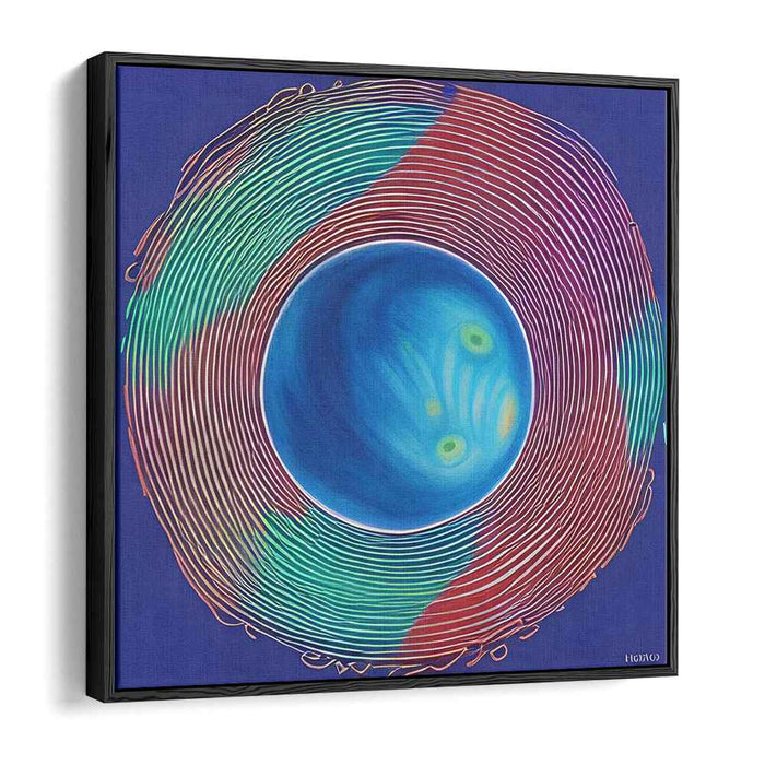 Oceanic Ripple Dance: Abstract Blue Sphere with Colorful Concentric Waves