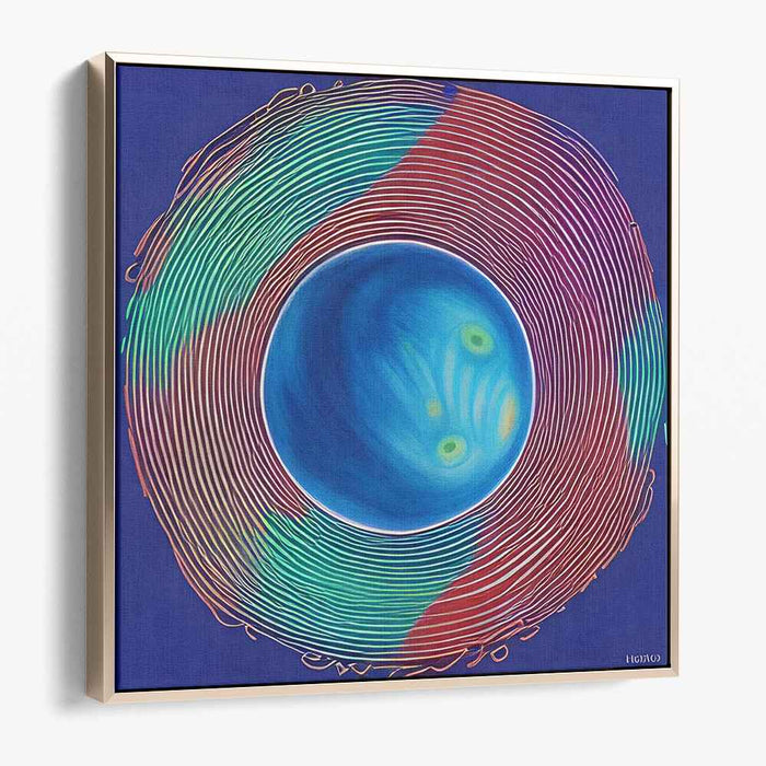 Oceanic Ripple Dance: Abstract Blue Sphere with Colorful Concentric Waves