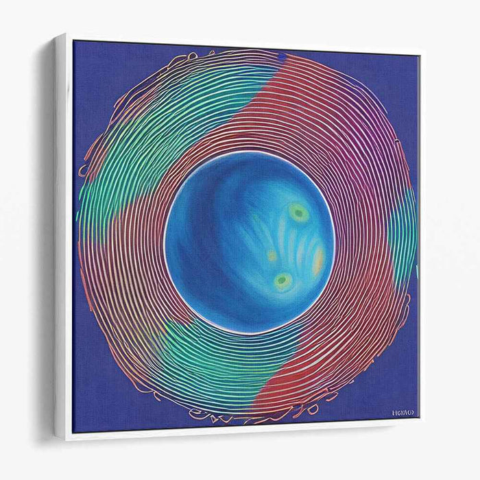 Oceanic Ripple Dance: Abstract Blue Sphere with Colorful Concentric Waves