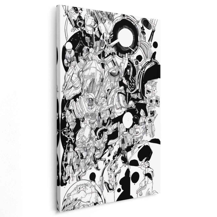 Futuristic Chaos: Intricate Monochrome Sci-Fi Canvas Art Print