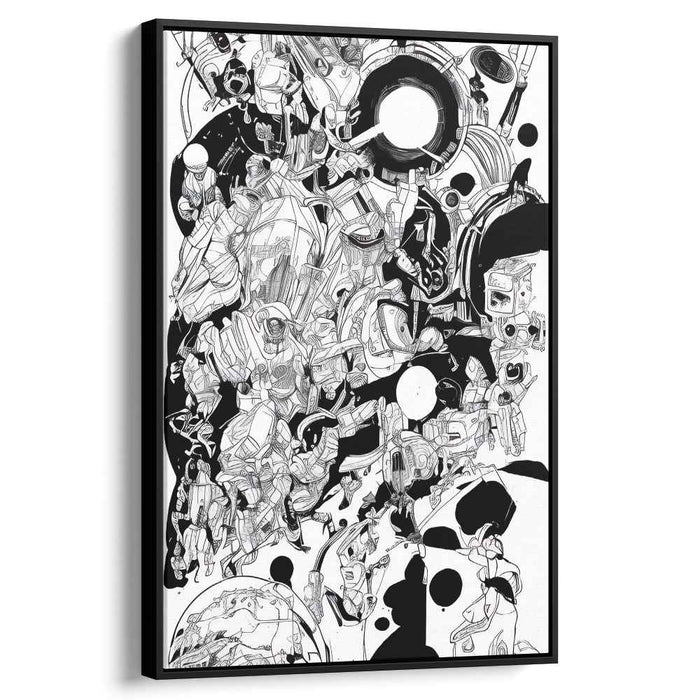 Futuristic Chaos: Intricate Monochrome Sci-Fi Canvas Art Print