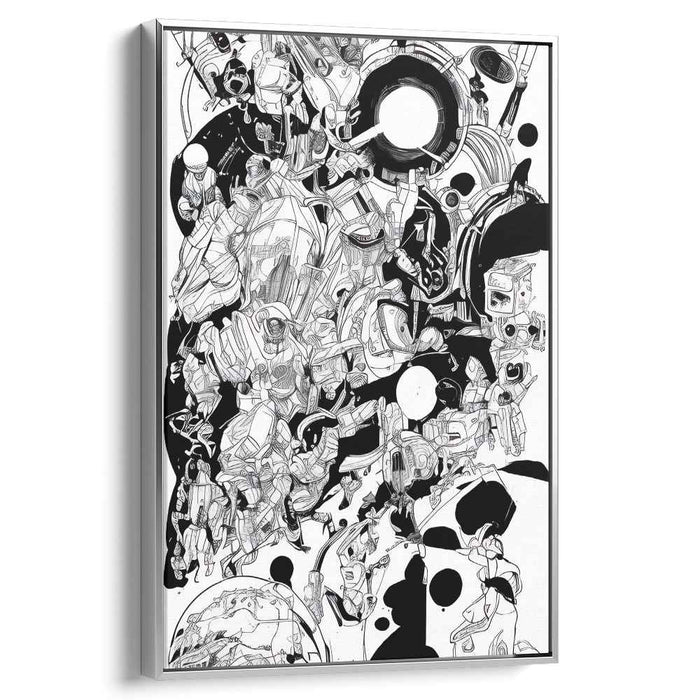 Futuristic Chaos: Intricate Monochrome Sci-Fi Canvas Art Print