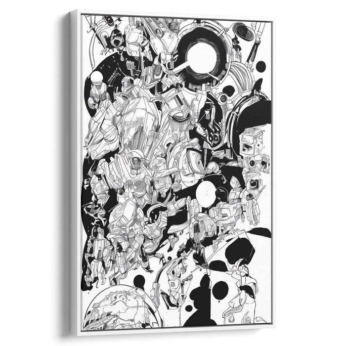 Futuristic Chaos: Intricate Monochrome Sci-Fi Canvas Art Print