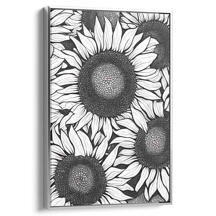 Monochrome Flora Study: Black and White Sunflower Botanical Illustration