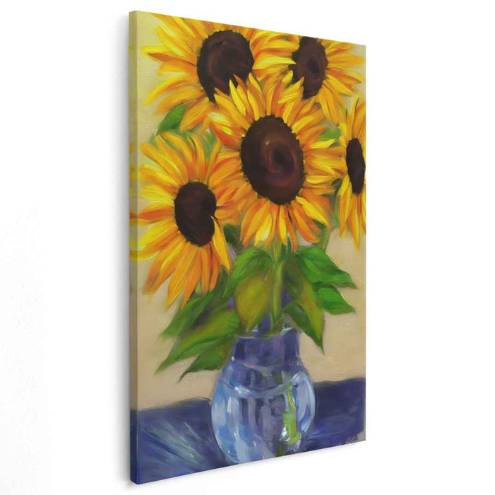 Radiant Sunflowers in Glass Vase: Realistic Floral Canvas Art