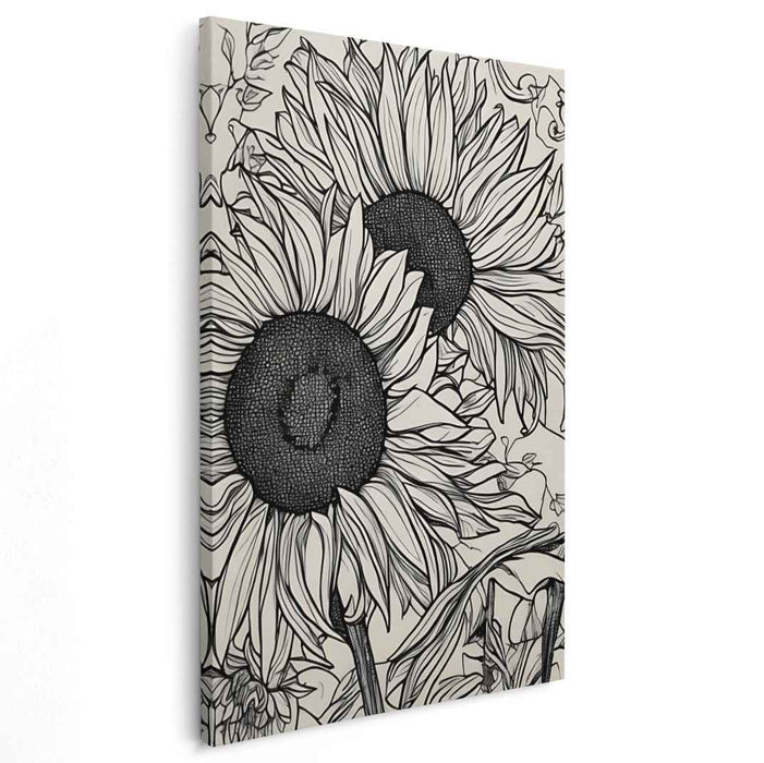 Intricate Monochrome Sunflowers: Detailed Line Art Botanical Canvas Print
