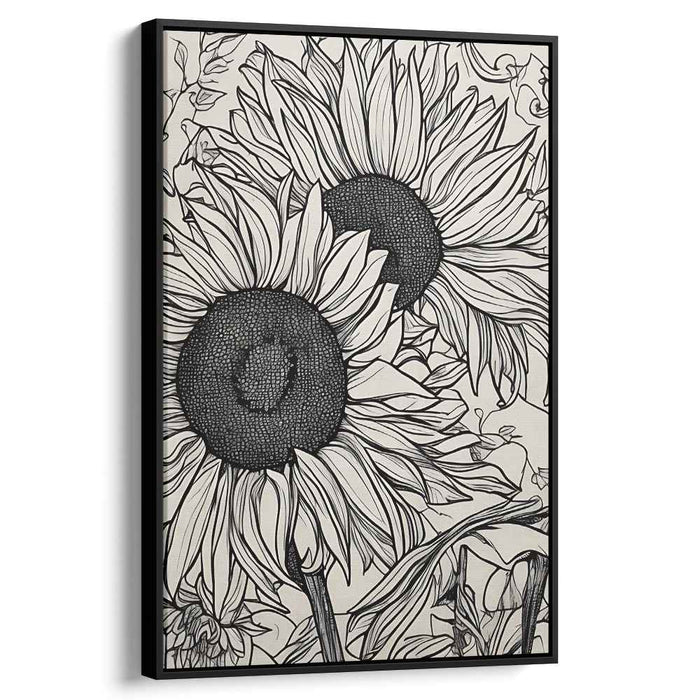 Intricate Monochrome Sunflowers: Detailed Line Art Botanical Canvas Print