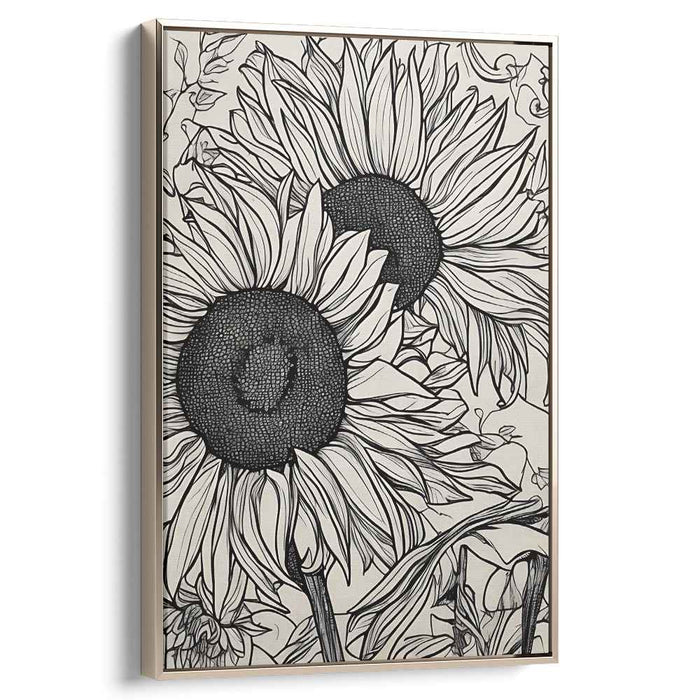 Intricate Monochrome Sunflowers: Detailed Line Art Botanical Canvas Print