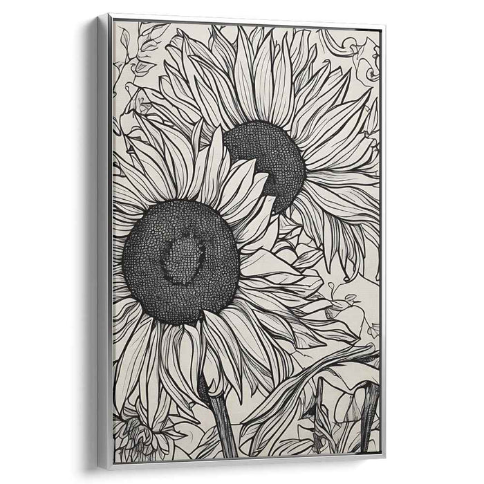 Intricate Monochrome Sunflowers: Detailed Line Art Botanical Canvas Print