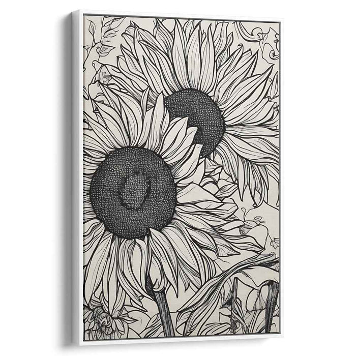 Intricate Monochrome Sunflowers: Detailed Line Art Botanical Canvas Print