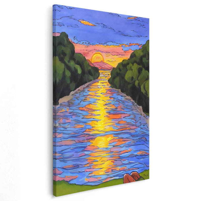 Tranquil Sunset Over River: Vibrant Landscape Canvas Art Print