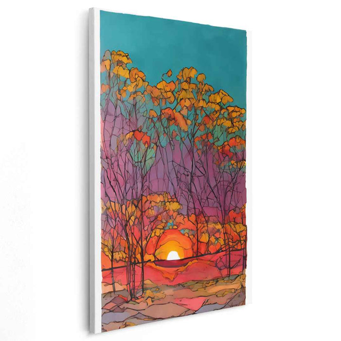 Prismatic Woodland Dance: Abstract Stained Glass Forest Canvas Art Print