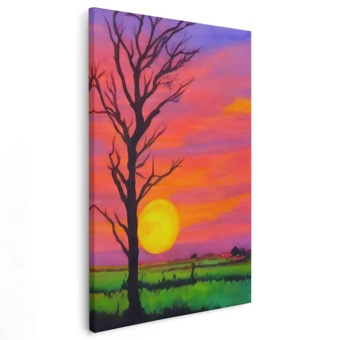 Solitude Skies: Vibrant Landscape with Barren Tree Canvas Art Print