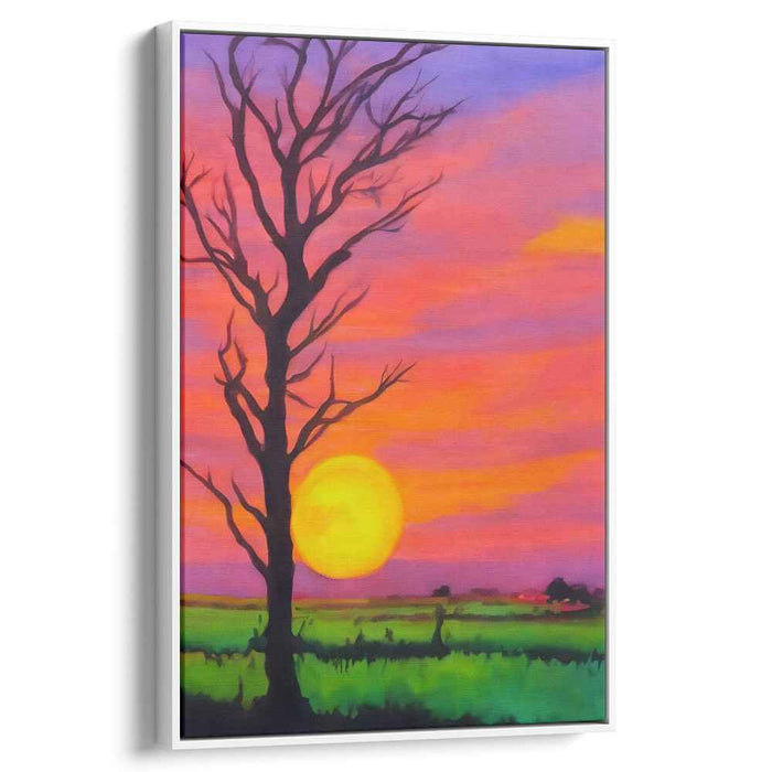 Solitude Skies: Vibrant Landscape with Barren Tree Canvas Art Print