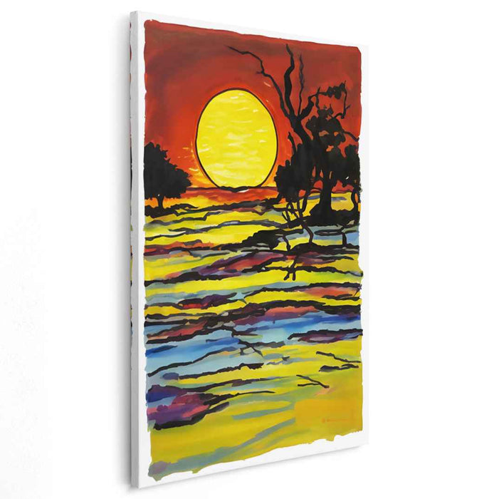Flaming Horizon Impressions: Expressionist Landscape with Fiery Sun Canvas Art Print