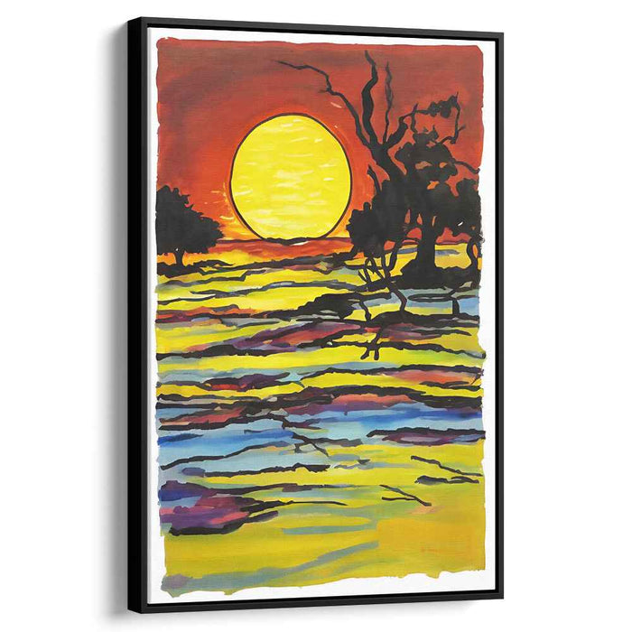 Flaming Horizon Impressions: Expressionist Landscape with Fiery Sun Canvas Art Print