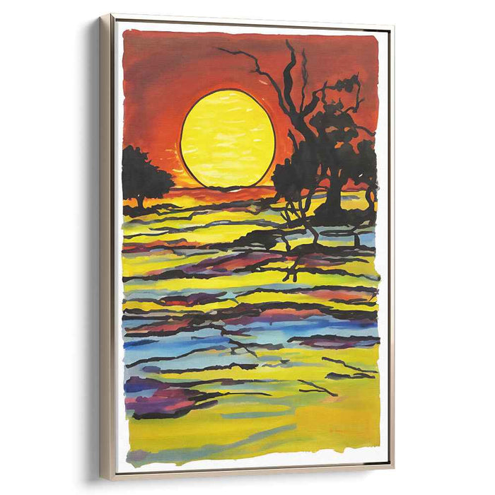 Flaming Horizon Impressions: Expressionist Landscape with Fiery Sun Canvas Art Print