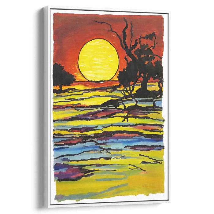 Flaming Horizon Impressions: Expressionist Landscape with Fiery Sun Canvas Art Print