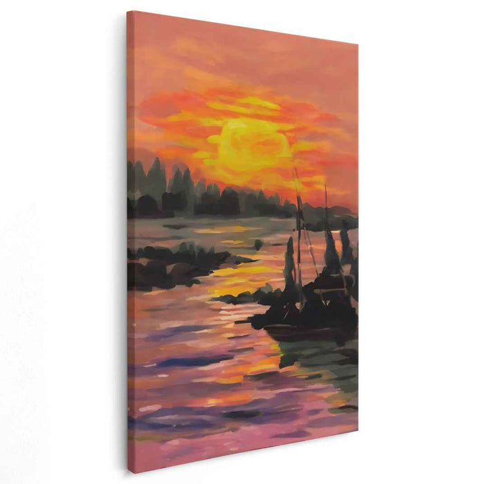 Twilight Waterside Glow: Vibrant Lakeside Sunset Canvas Art