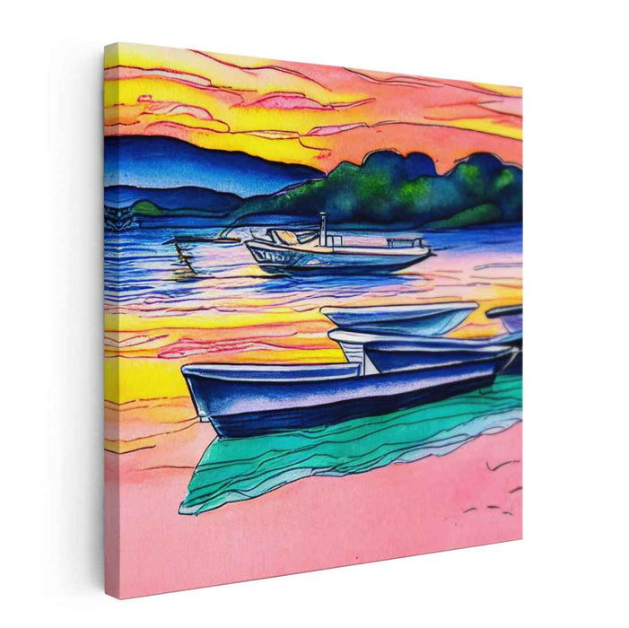 Twilight Yachts: Boats at Dusk Watercolor Canvas Art Print