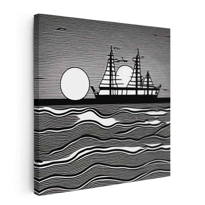 Minimalist Nautical Silhouette: Black and White Ship on Wavy Waters