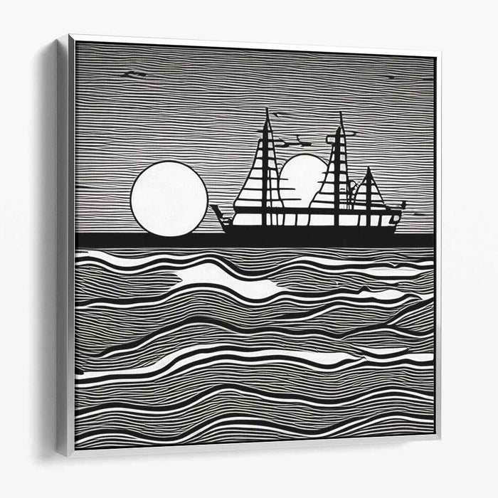 Minimalist Nautical Silhouette: Black and White Ship on Wavy Waters